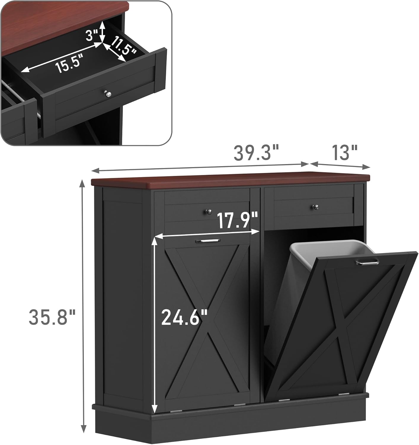 Betterhood Double Tilt Out Trash Cabinet 20 Gallon Wooden Free Standing Laundry Sorter Cabinet,Recycling Cabine with Hideaway Drawer,Tilt Out Trash Cabine Can Bin Kitchen (Black)