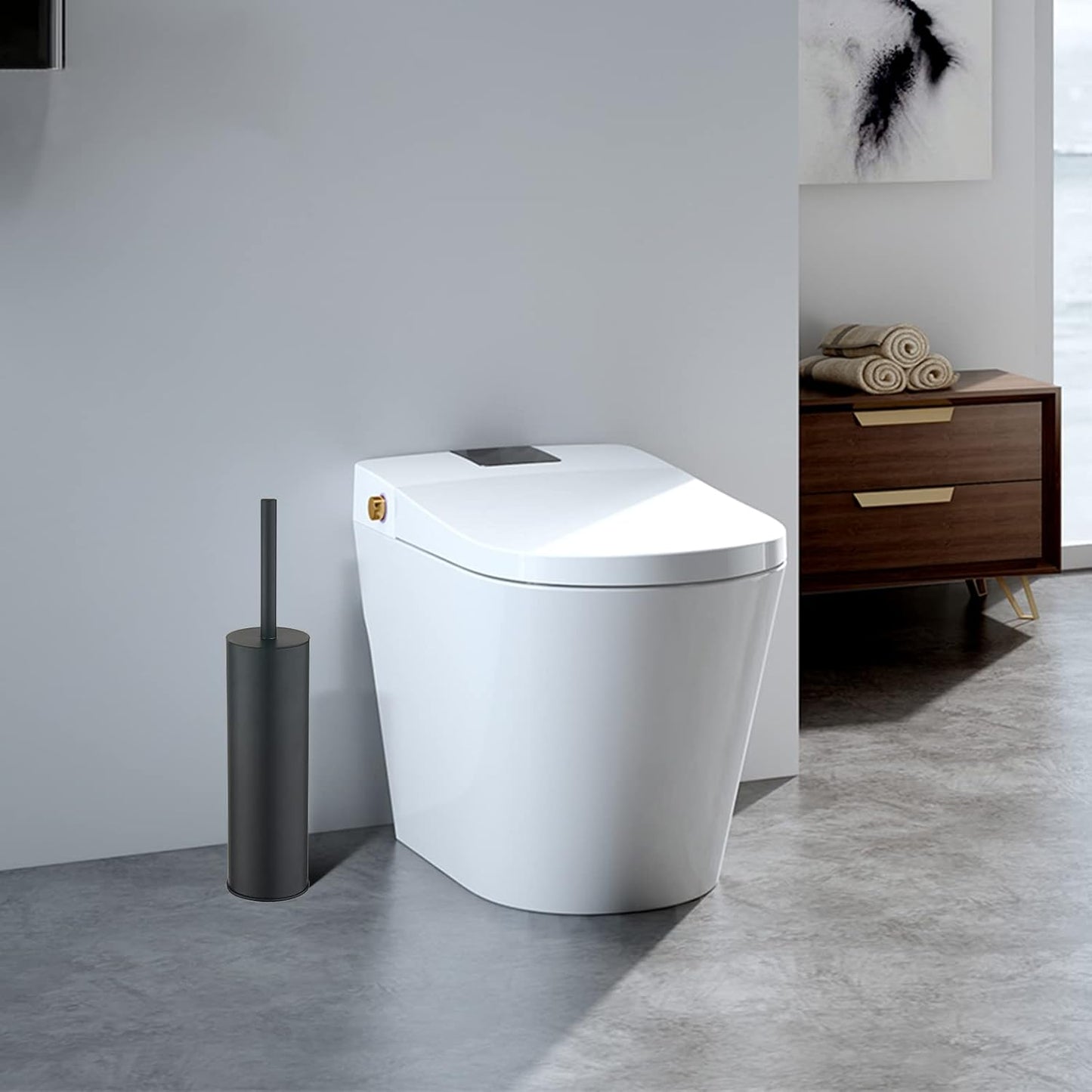 Toilet Brush and Holder Set Black Stainless Steel, 304 Heavy Duty Round Toilet Brush Set – Rust Resistant, Long Handle, Replacement Heads, Floor Standing Bathroom Toilet Cleaning Brush