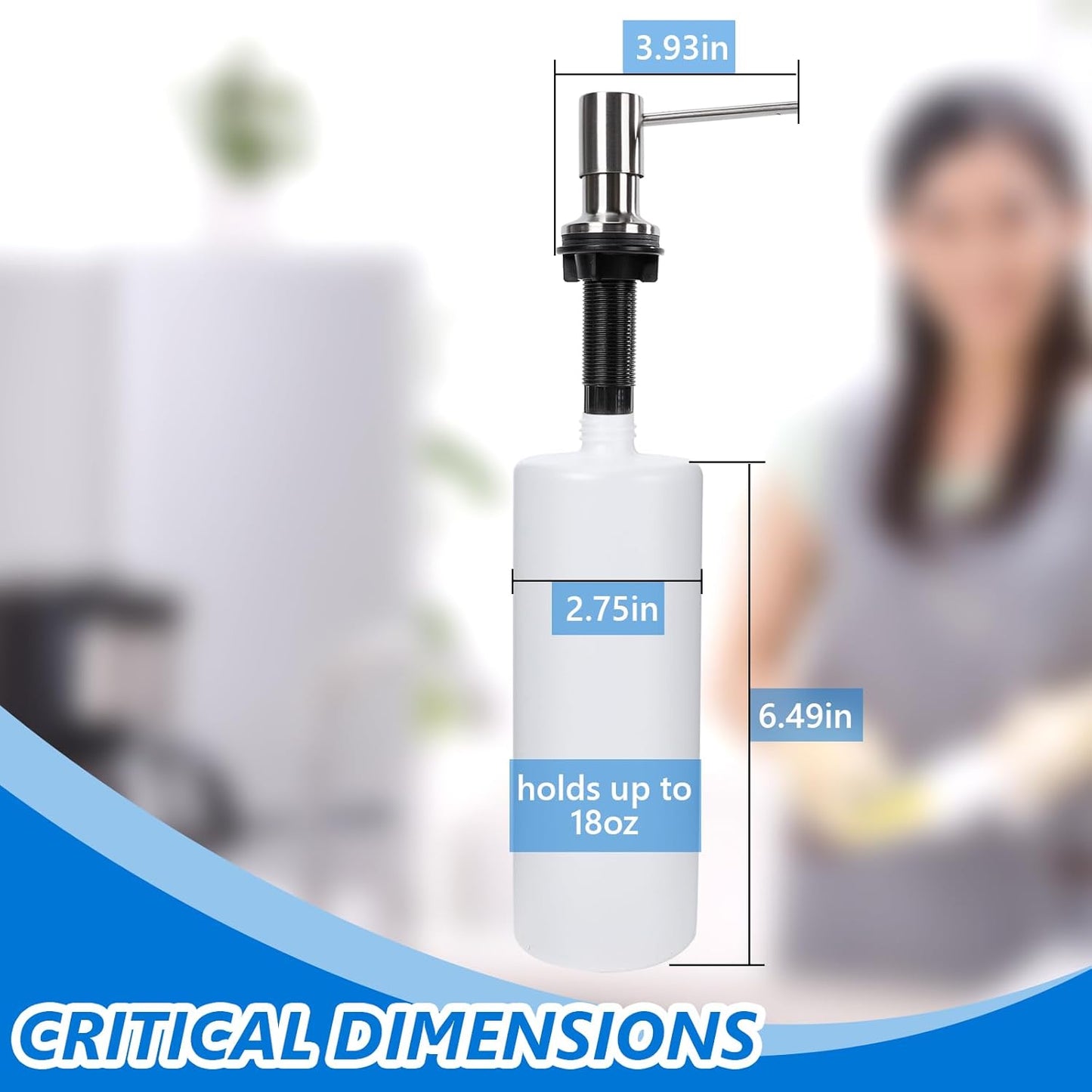 Soap Dispenser for Kitchen Sink Built in Sink Soap Dispenser, Countertop Soap Dispenser with 500ML/18OZ Bottle Refill from Sink Soap Dispenser(Silver)