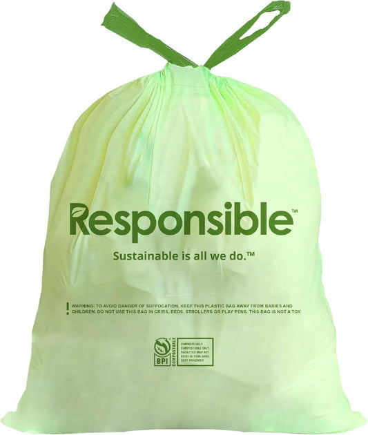 Responsible Products Kitchen Bin Liners, Certified Compostable, Heavy Duty Multipurpose Food Scrap Bags, Made from Compostable Materials (13 Gallon Drawstring, 13 Gallon (100 Count))