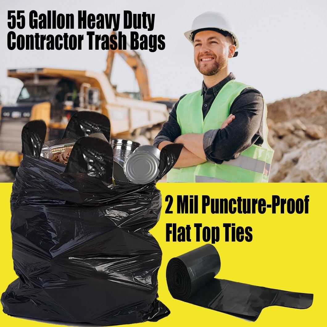 Contractor Heavy Duty Trash Bags 55 Gallon | 10 Count | 2 MIL | 36" X 56" | Large Black Flap Tie Construction Garbage Bags for Business Home Commercial, Industrial, Storage, Outdoor