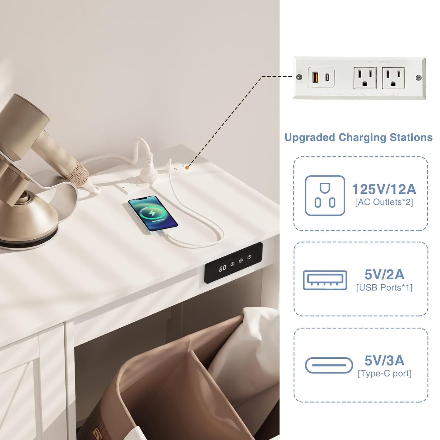 Double Tilt Out Trash Can Cabinet, 10 * 2 Gallon Garbage Trash Bin with Charging Station and Deodorizing Function, Dog-Proof Storage Cabinet for Hidden Bathroom Laundry Hamper, White