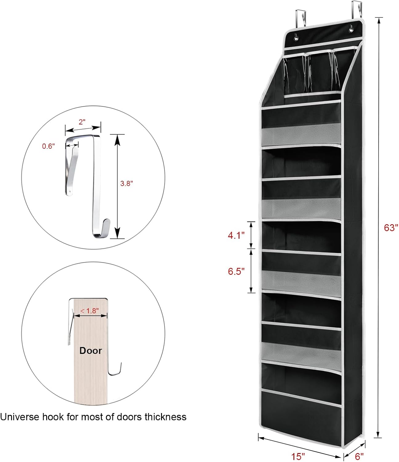 Univivi 6-Shelf Over Door Hanging Organizer Fabric Baby Door Storage with 5 Large Pockets and 3 Small PVC Pockets Wall Mount Hanging Storage Organizers for Baby Essential (Black)