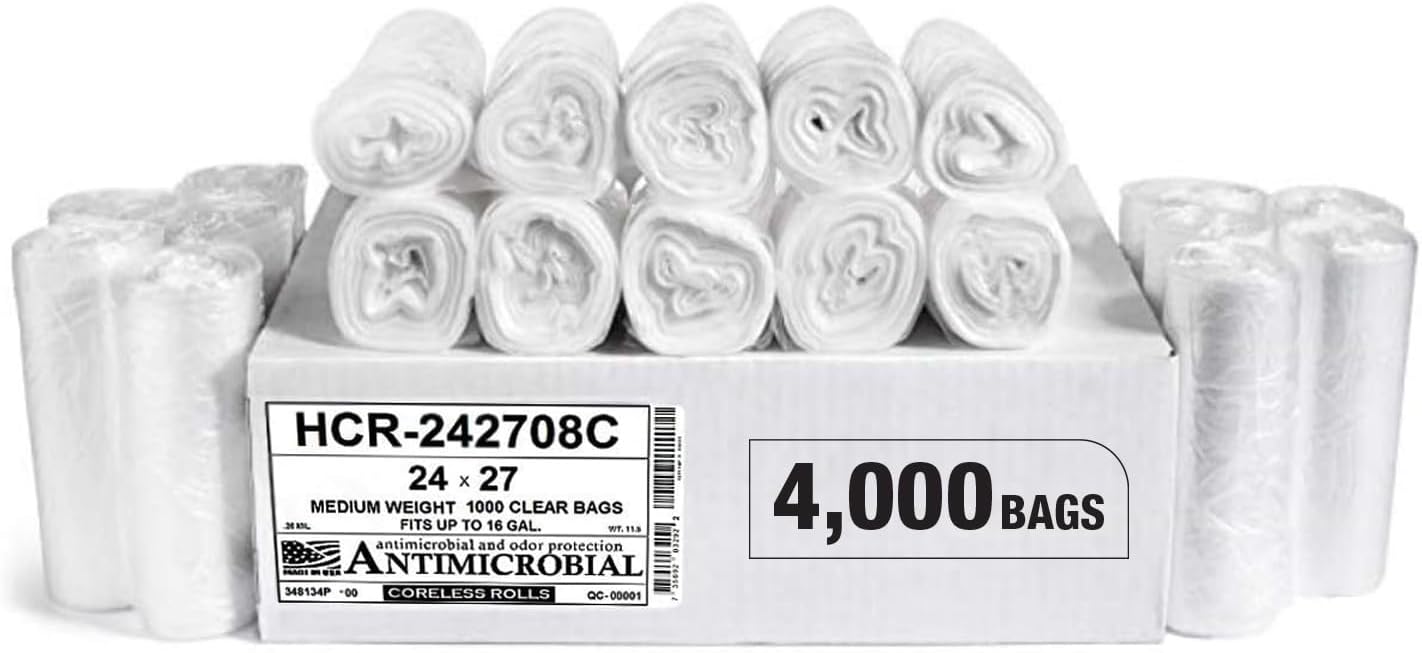 Aluf Plastics High Density Trash Bags, 12 Gallon, 4000 Count, 8 Micron (eq), 24" x 27", Clear, for Bathroom, Office, Industrial, Commercial, Janitorial, Municipal, Recycling