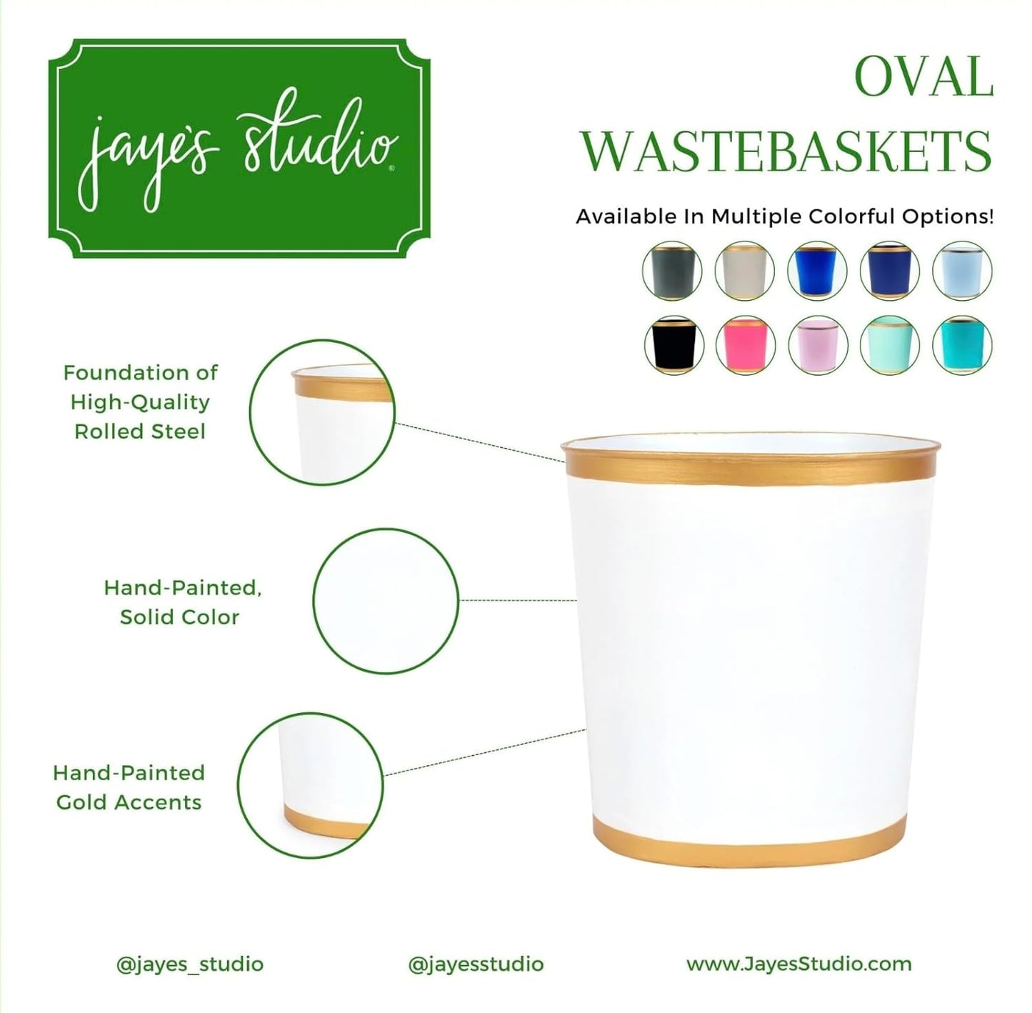 Jaye’s Studio Mattie Oval Wastebasket – Handpainted Pink Trash Can For Bathroom Office, Vanity, or Bedroom Trash Bin, Metal Trash Can Gold Trim, Pink Waste Basket & Garbage Can for Gold Bathroom Decor