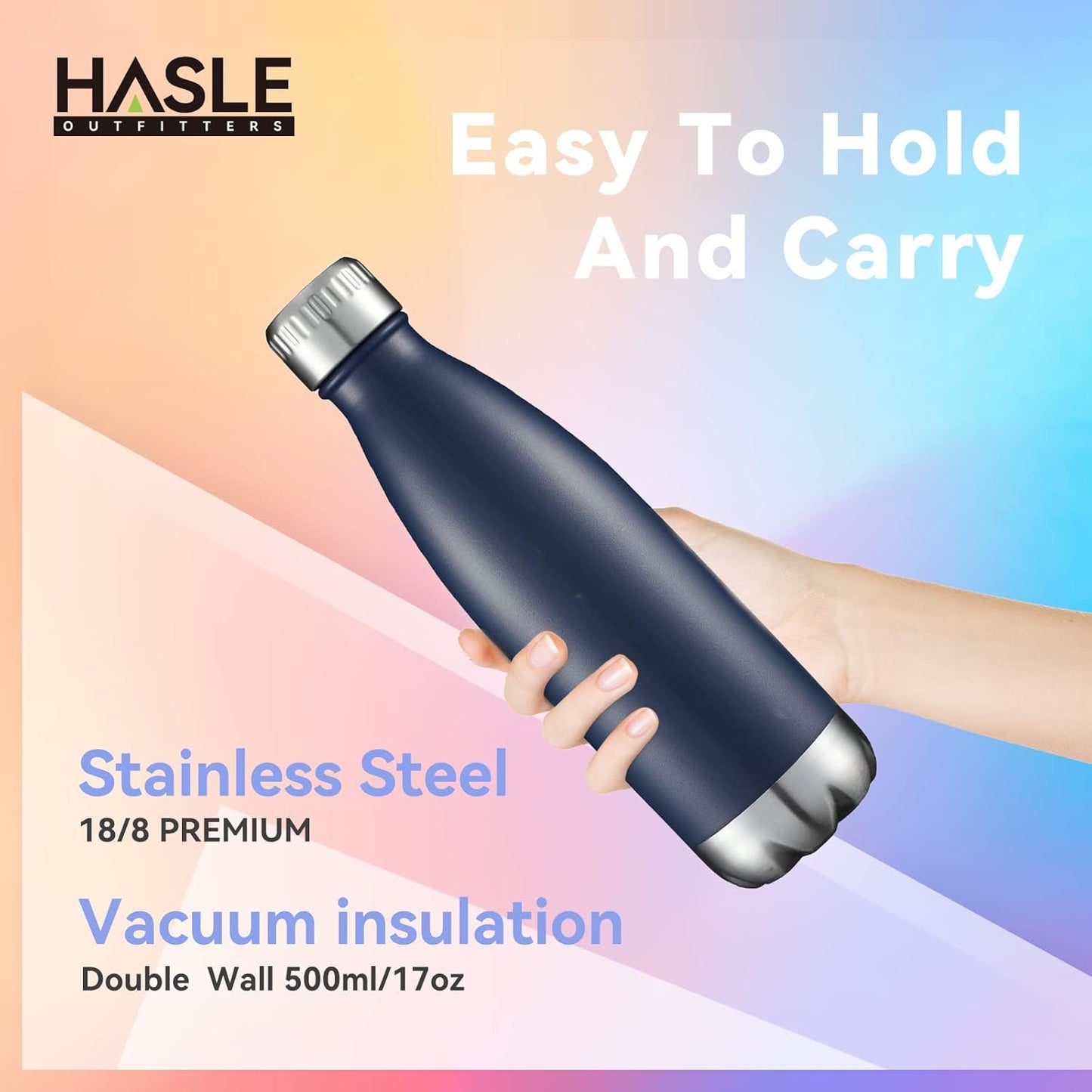 HASLE OUTFITTERS 17oz Stainless Steel Water Bottles Bulk, Vacuum Insulated Water Bottles Double Walled Powder Coated Reusable Metal Sports Water Bottles Keep Drinks Hot and Cold, Navy, 4Packs