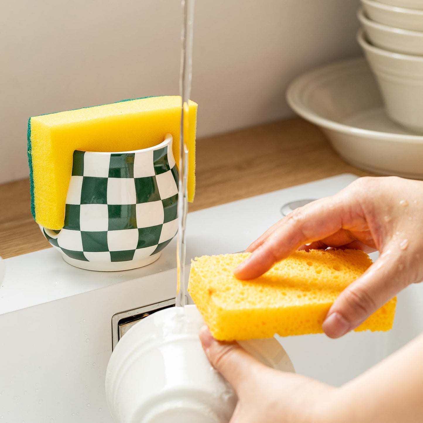 Kitchen Sponge Holder, Ceramic Sponge Organizer Checkered Scrubby Holder Sink Caddy Scrub Dish Rack for Kitchen, Bathroom, Sink Decor, Green and White