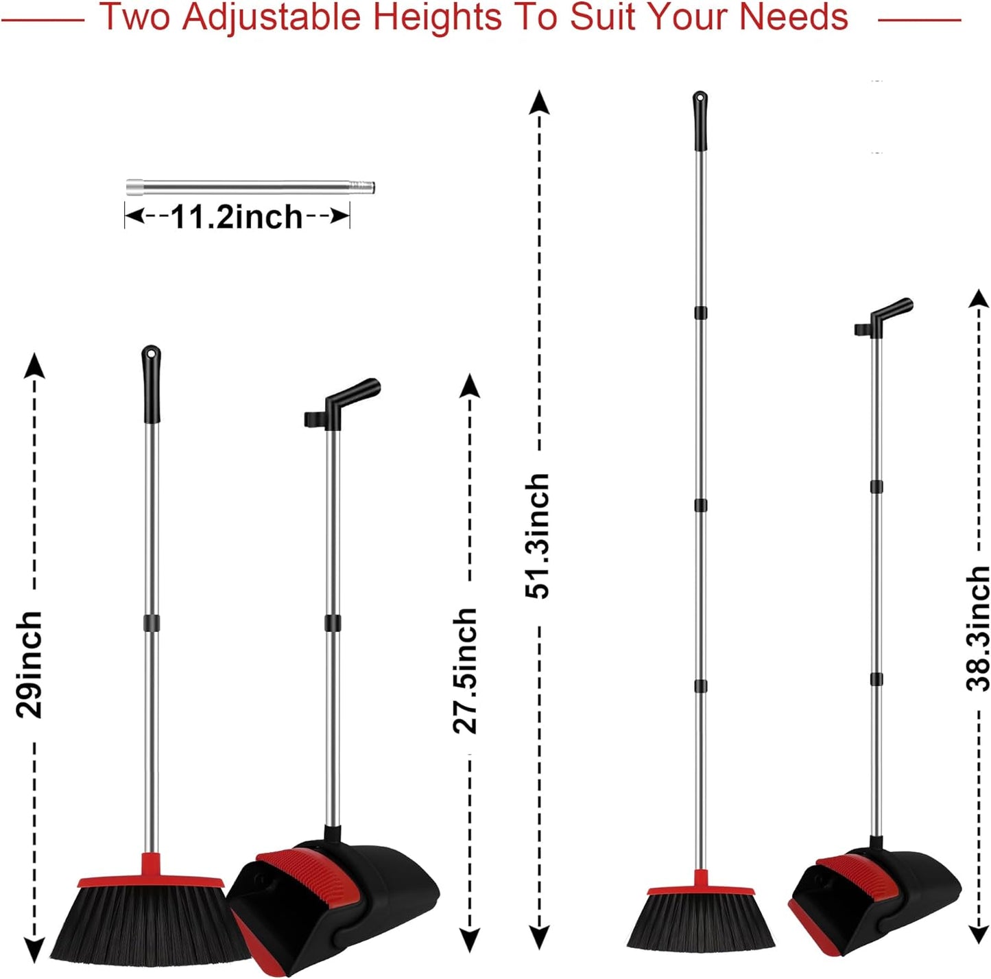 Broom and Dustpan Set for Household, Red Broom with Dustpan Combo Set, 51" Long Handle Dust pan Set for Dog Cat and Hair Clean