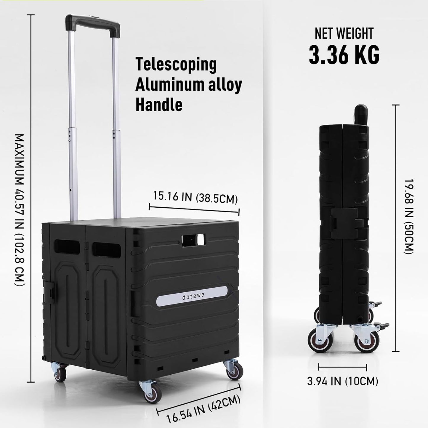 Folding Utility Cart Black Portable Rolling Crate Handcart Foldable Shopping Trolley Collapsible, with Lid, on Wheels, for Grocery, Garden, Office, Storage, Teacher, Tool (Black)