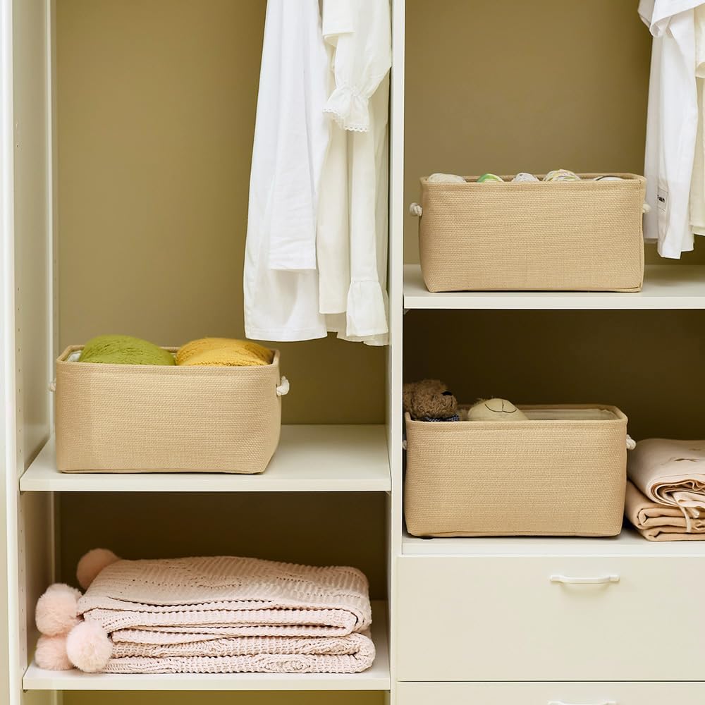 TheWarmHome Storage Bins for Shelves - Medium 3Pack 13.8L*9.8W*6.7H inch Canves Storage Basket for Organizing, Fabric Storage with Handles for Clothes Baby Dog Toys(Beige)
