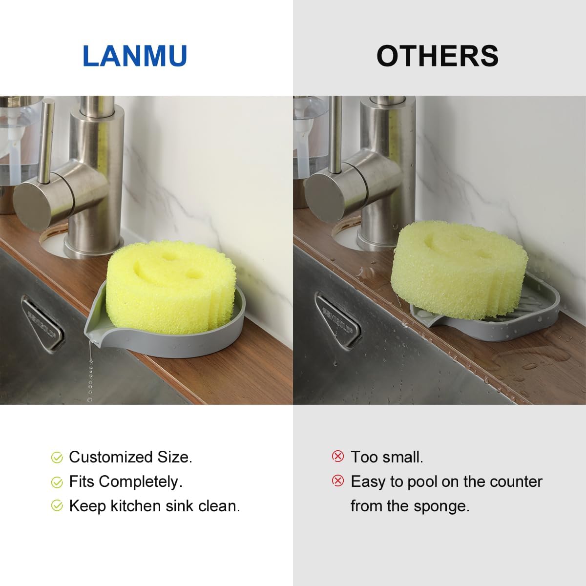 LANMU Silicone Smiley Face Sponge Holder for Kitchen Sink, Sink Caddy Organizer with Drainage for Quick Drying, Dishwasher Safe, Fit Palm Bush, Soap Dispenser Storage