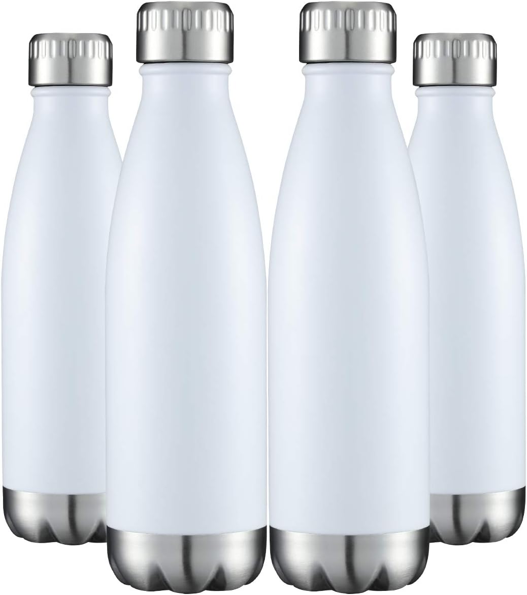 HASLE OUTFITTERS 17oz Stainless Steel Water Bottles Bulk, Vacuum Insulated Water Bottles Double Walled Powder Coated Reusable Metal Sports Water Bottles Keep Drinks Hot and Cold, White, 4Packs