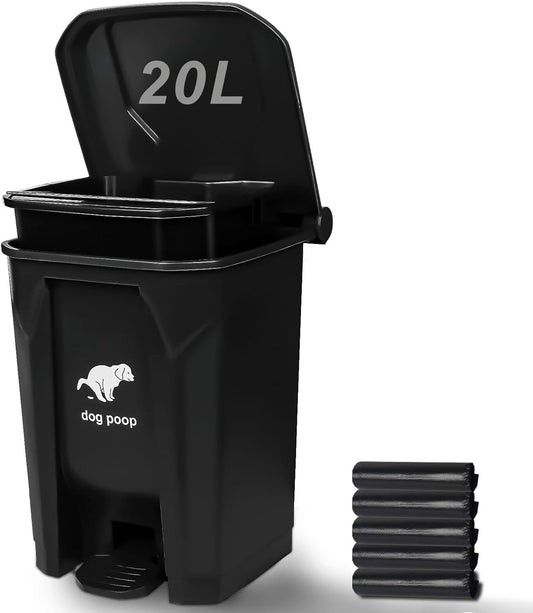 Dog Poop Trash Can Outside, 20L/5Gallon Pedal and Removable Inner Waste Bin, Outdoor Dog Poop Trash Can with 100 Bags, Pet Waste Container for Garden, Black