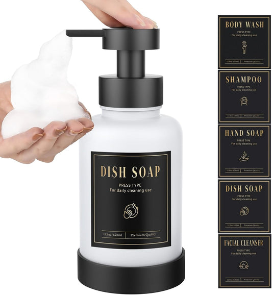 Luxspire Foaming Soap Dispenser, Glass Foam Pump Soap Dispenser, Non-Slip Hand Soap Container with 5 Waterproof Labels, 15 Oz Refillable Liquid Soap Holder for Bathroom & Kitchen, White, 1 Pack