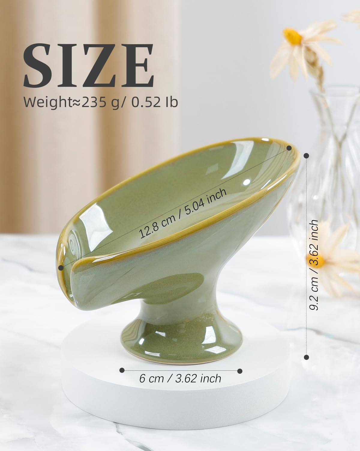 Soap Dish, Self Draining Bar Soap Holder for Bathroom Sink, Leaf Shaped Drainage Ceramic Olive Green Porcelain Decorative Soap Dish, No Suction Cup, ANTIS'S HOME