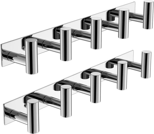 VAEHOLD Hat and Coat Wall Mount Rack - Hooks for Robes, Bags, Keys, and Towels - Bathroom Towel Hanger Organizer (Polished Chrome, “T“ Shape 5 Hooks 2 Pack)