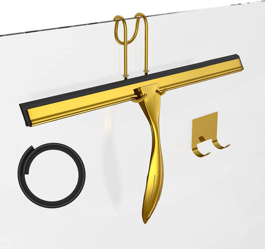 14-Inches Stainless Steel Shower Squeegee Set, Include Shower Door Hook, Adhesive Hook and Spare Silicone Blade, Window Squeegee for Shower Glass Door, Bathroom, Mirror, Window and Car Glass