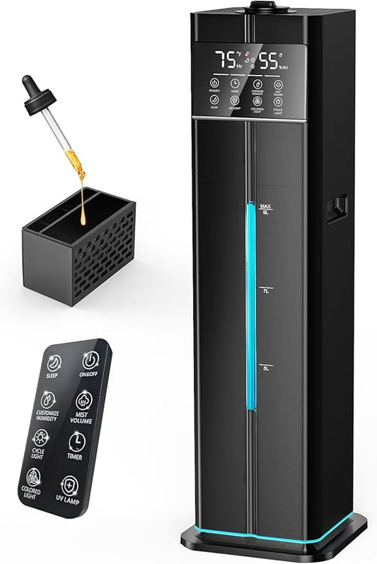 Cool Mist Humidifiers for Large Room, Ultrasonic 2.4Gal 9L Quiet Top-Fill, Easy Clean with Essential Oil Tray, 360°Nozzle, 4 Speed, Remote, 60H Runtime, for Baby, Adults, Plants, Home, House, Bedroom