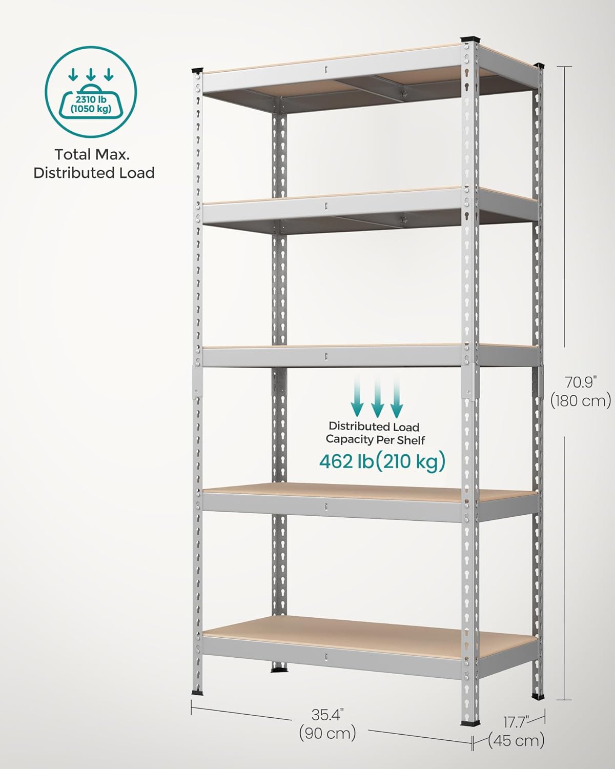 SONGMICS 5-Tier Storage Shelves, Load 2310 lb, Set of 2 Garage Storage, Boltless Assembly, Adjustable Shelving Unit, 17.7 x 35.4 x 70.9 Inches, for Study Shed Basement, Silver UGLR450E02