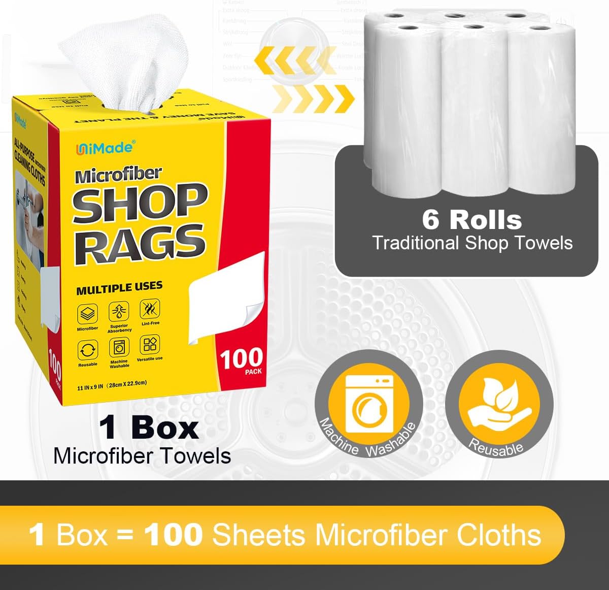 Shop Rags, 100 Sheets Microfiber Cleaning Cloth Commercial Grade Washcloths Lint-Free Bulk Shops Towels for Cars Mechanic Restaurant Garage Housekeeping, 11"x 9", White