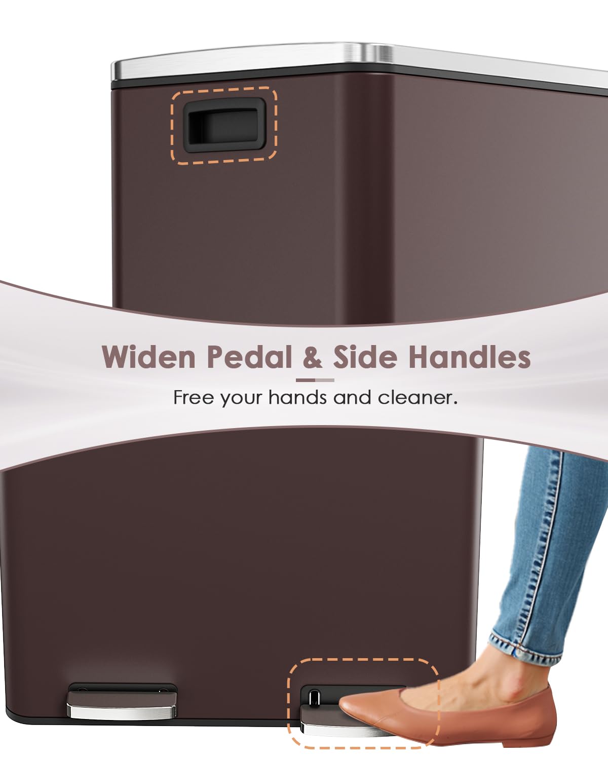 AthLike 60L(16 Gal) Dual Trash Can, Stainless Steel Kitchen Garbage Can, Double Compartment Classified Rubbish Bin, Recycle Dustbin w/Plastic Inner Buckets, Handle, Soft-Close Lid, Airtight, Brown