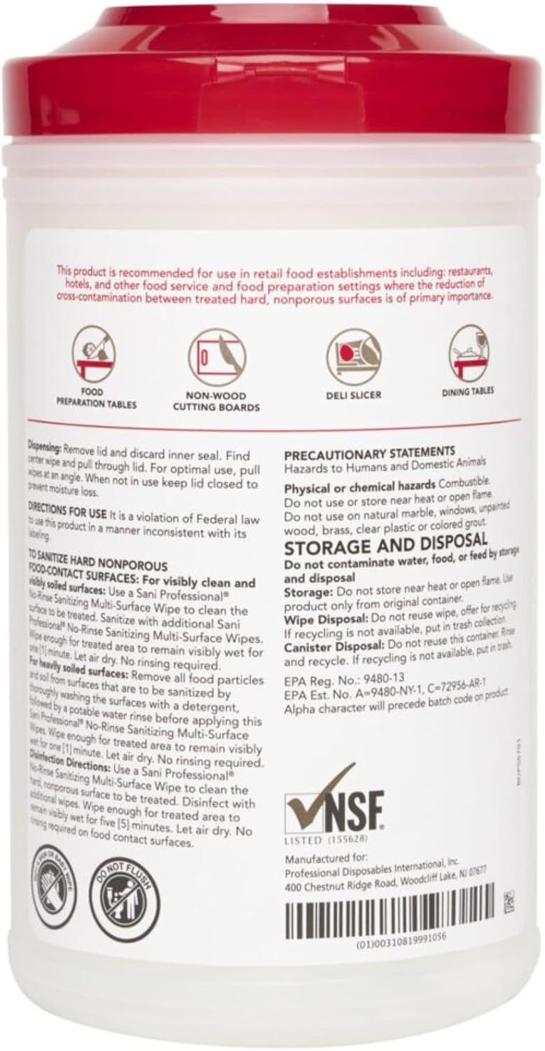 PDI Sani-Professional No-Rinse Sanitizing Wipes, Multi-Surface Cleaning for Food Contact Surfaces, Kitchens, Restaurant Tables, 95 Large 7.75" x 9" Wipes per Canister