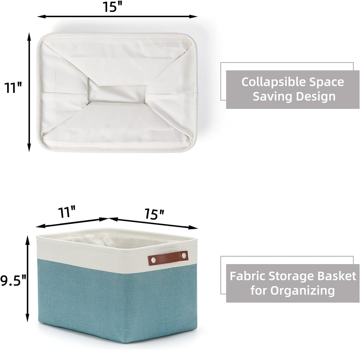 HNZIGE Storage Baskets Bins (3 Pack) Large Shelf Baskets for Clothes, Decorative Storage Bins with Handles, Canvas Collapsible Storage Bins for Organizing Storage (Gray&Teal, 15" X 11" X 9.5")