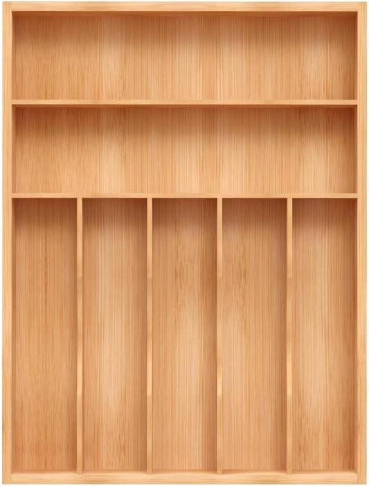Bamboo Utensil Drawer Organizer, Silverware Tray Organizer, Kitchen Drawer Organizer for Flatware Cutlery, Silverware Tray for Drawer (brown, Large 16.5x12.3 Inch)