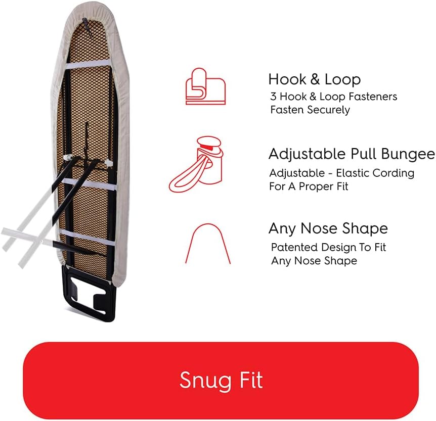 TIVIT Ironing Board Cover - Made in Italy - 18 x 54 Wide Chemical Free Eco-Friendly Padded Covers - Unbleached, Untreated Natural Cotton & Wool Pad - 2 Layer, 3 Fastener Straps, Pull Bungee Cord