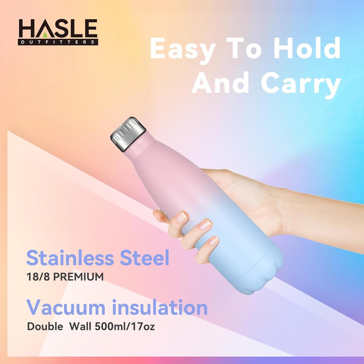 HASLE OUTFITTERS 17oz Stainless Steel Water Bottles, Vacuum Insulated Water Bottles Double Walled Powder Coated Reusable Metal Sports Water Bottles Keep Drinks Hot and Cold, Pink Blue, 1Pack