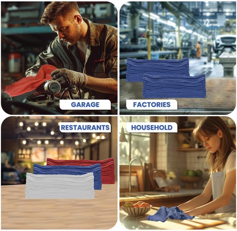 Shop Towels (Blue, 500-Pack) - Bulk Cleaning Towel in a Bag, Mechanic Cotton Wipes for Car Maintenance, Auto Mechanics & Garage, Wipe Grease & Oil, Machine Wash & Reusable