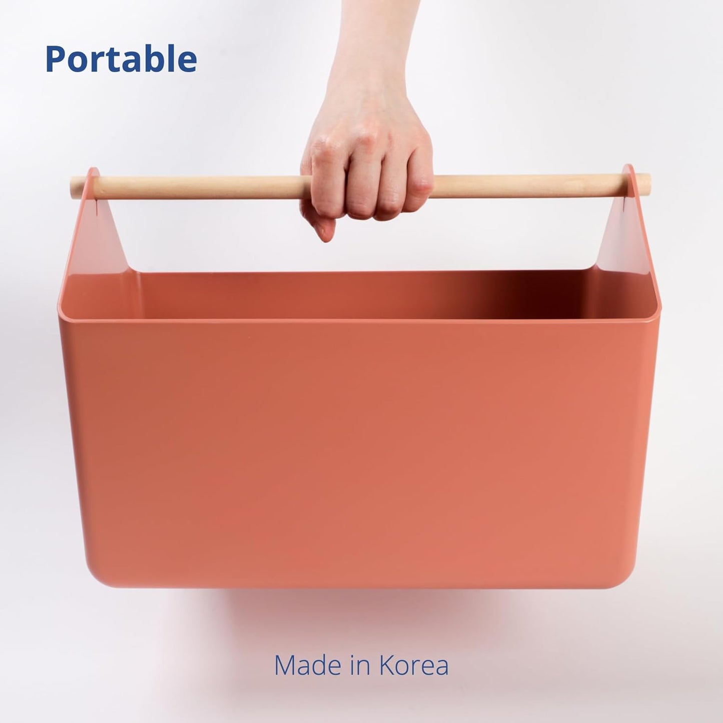 BLUE GINKGO Large Storage Basket – Plastic Caddy with Wooden Handle for Bathroom, Pantry, or Cleaning Supplies (Terracotta)