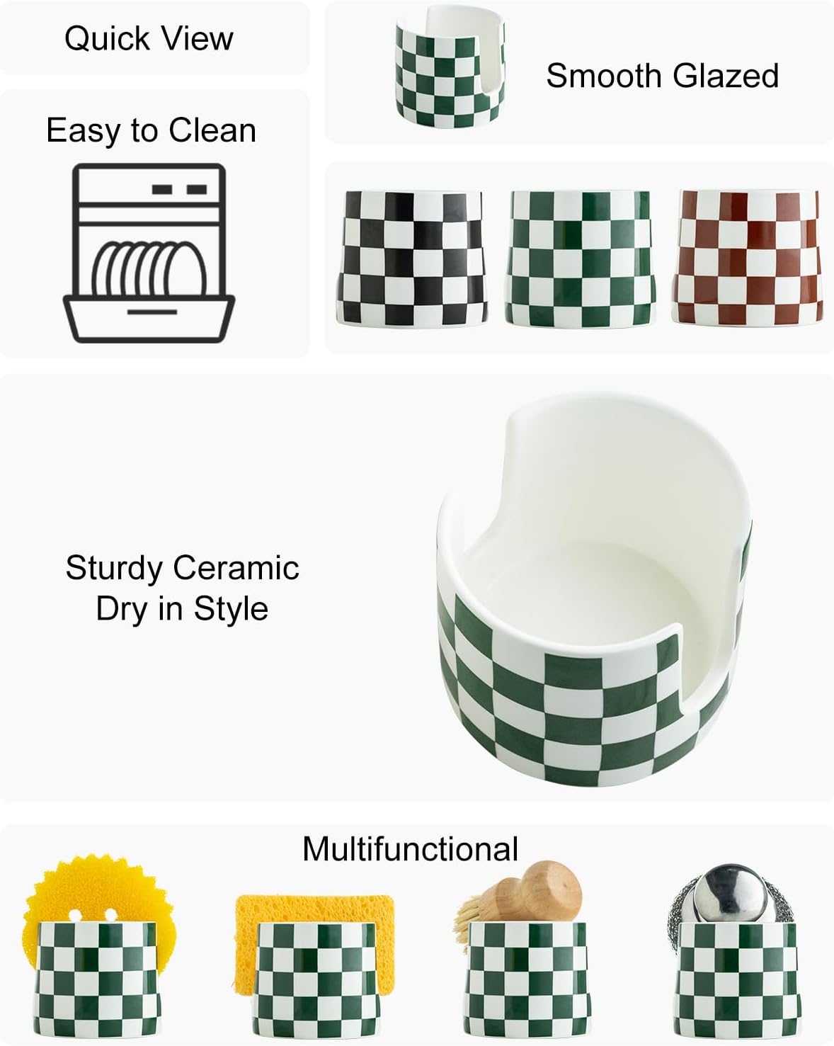 Ceramic Kitchen Sponge Holder, Dish Sponge Holder Suitable for Scrubby Farmhouse Dish Rack Brush Holder for Bathroom, Kitchen, Sink, Green and White