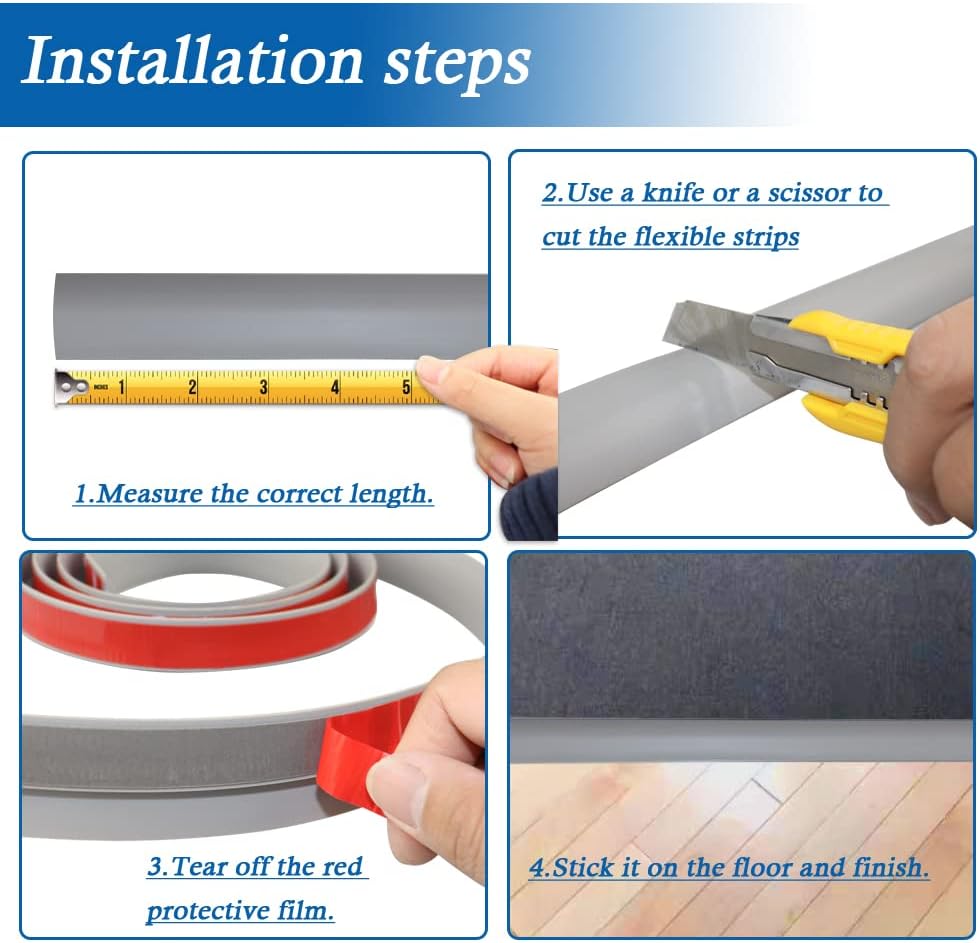 Floor Transition Strip Self Adhesive Carpet & Flooring Transitions Edging Trim Strip PVC Threshold Transitions Suitable for Threshold Height Less Than 5mm (6.56Ft, Gray)