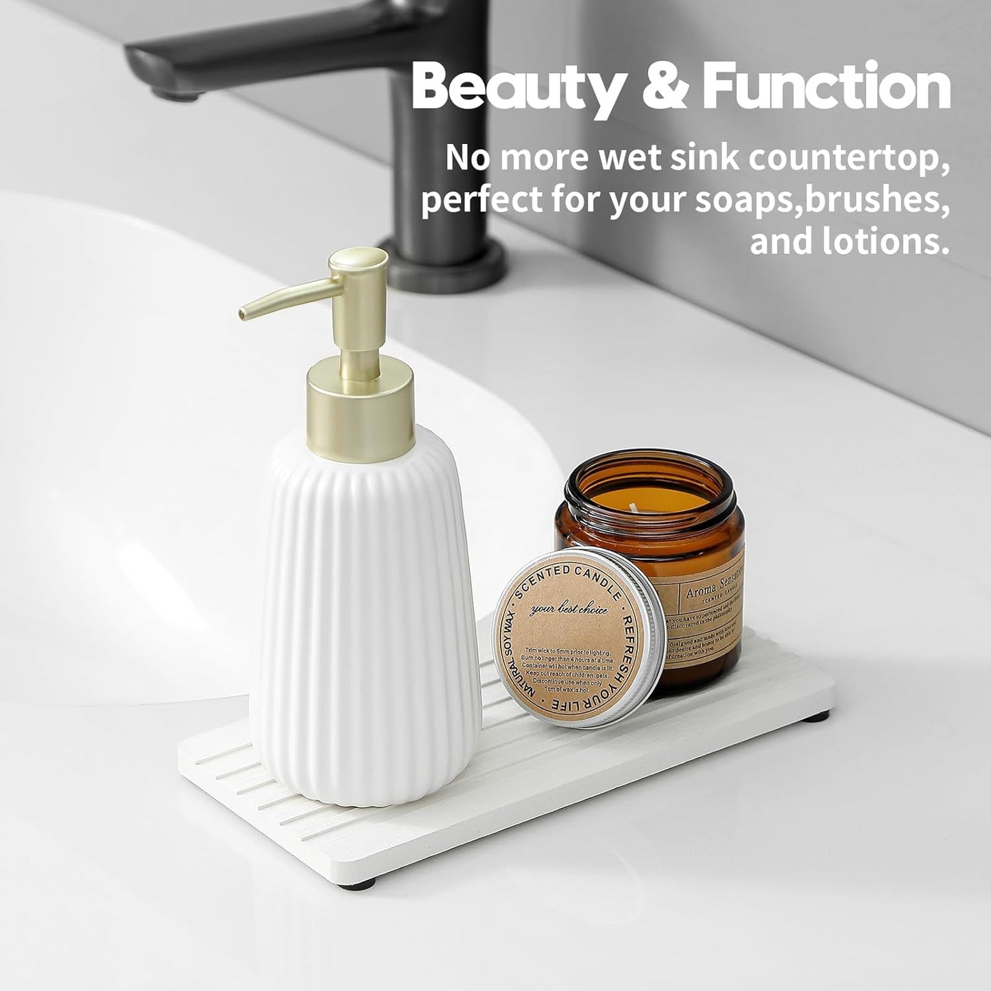 2PCS Diatomite Quick Stone Drying Tray Mat for Bathroom & Kitchen Counter, Instant Dry Water Absorbent Drink Bar Coasters,Vanity Sink Caddy Organizer,Dish Soap Sponge Holder, Ivory,8"x3.8"