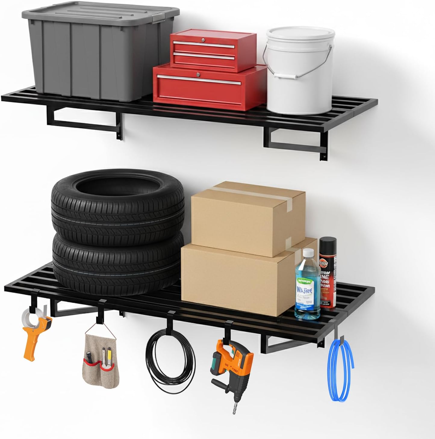 2-Pack Garage Wall Shelves, 2' x 4' Heavy Duty Wall Mounted Storage Rack with 6 Hooks, 500 lbs Capacity (250 lbs Each), Steel Garage Organization Shelving for Tools, Bins, and Power Equipment