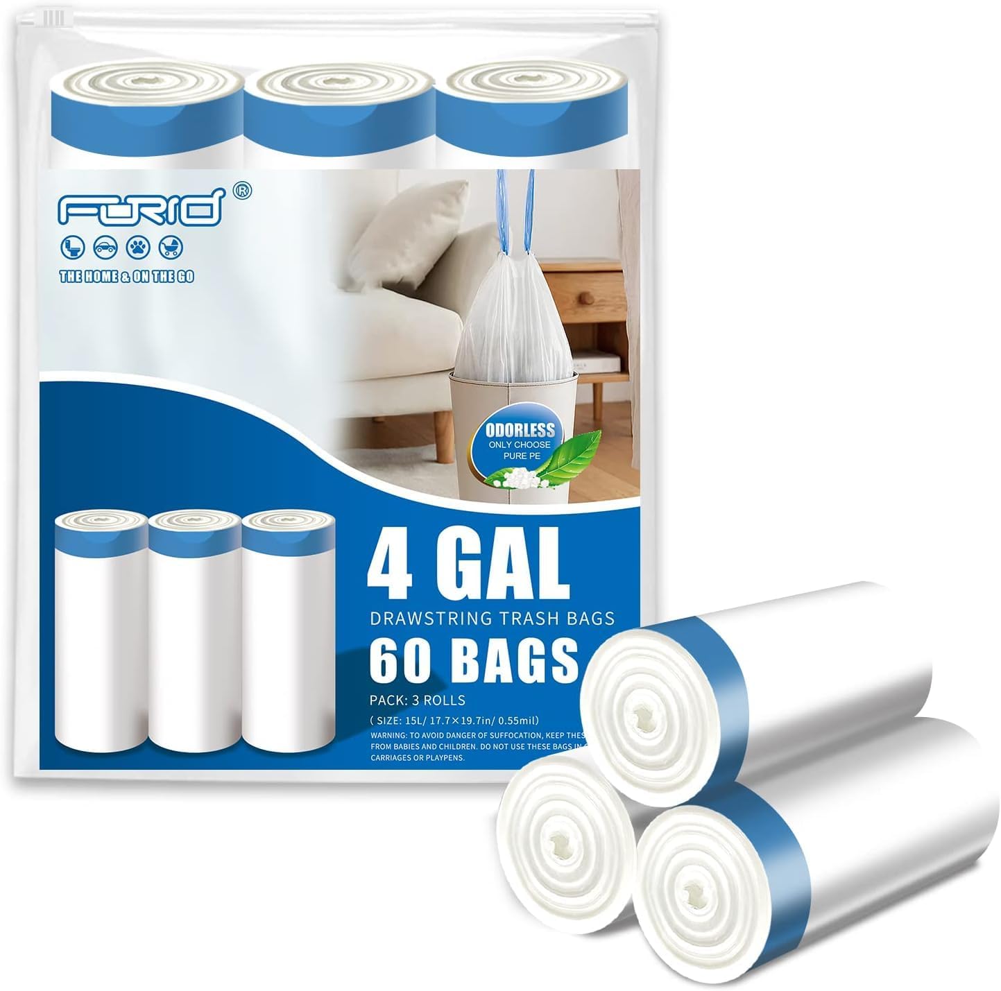 FORID Small Drawstring Trash Bags - 4 Gallon Plastic Garbage Bags White Unscented Can Liners 60 Count Strong Wastebasket Bags for Bathroom Office Home Kitchen Bedroom Travel 15 Liter - Durable & Thick