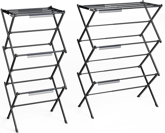 3 Tier Clothes Drying Rack,Foldable & Portable Clothing Drying Rack,Space-Saving Design, Indoor & Outdoor Laundry Rack for Drying Clothes,Metal Dryer Rack，Pure Black
