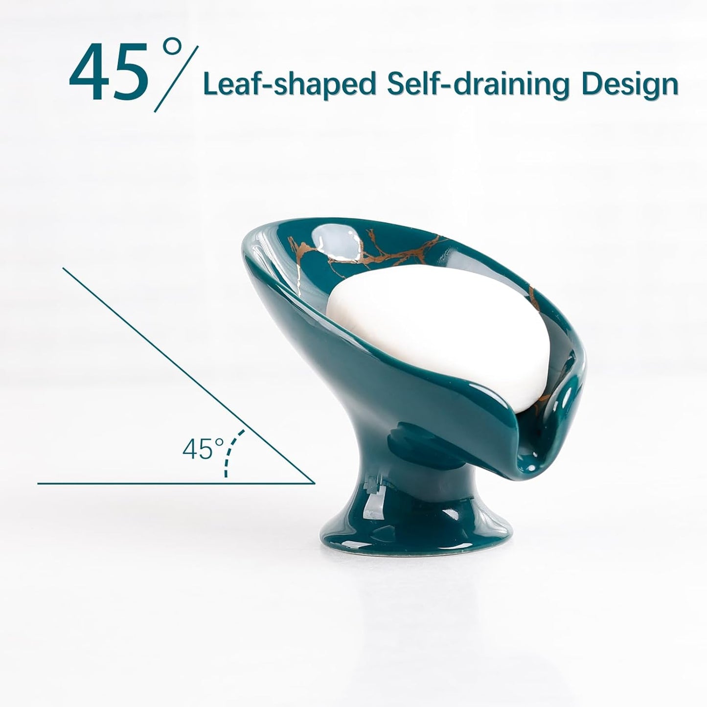 Soap Dish, Ceramic Soap Holder Self Draining Leaf Shape Bar Soap Holder, Marble Look Green Drain Soap Dish Holder for Bathroom, Easy to Clean Keeps Soap Dry, ANTIS'S HOME