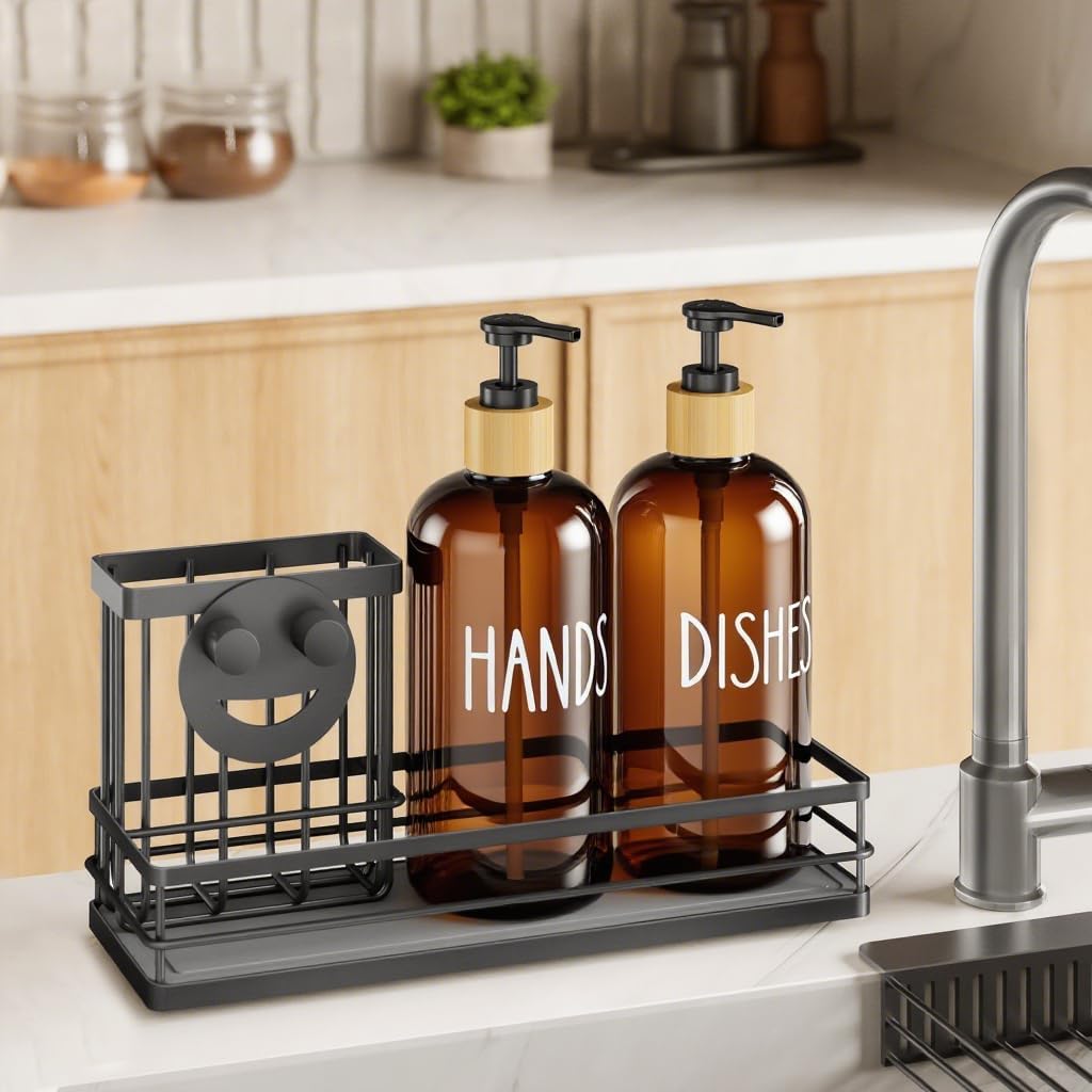 Moforoco Kitchen Dish Soap Dispenser Set, 16OZ Glass Bottle, Hand and Dish Soap Dispenser Set, Instant Dry Tray, Non-Slip Silicone Pad, Brush Holder with Sponge Holder, Kitchen Decor（Amber Bottle）