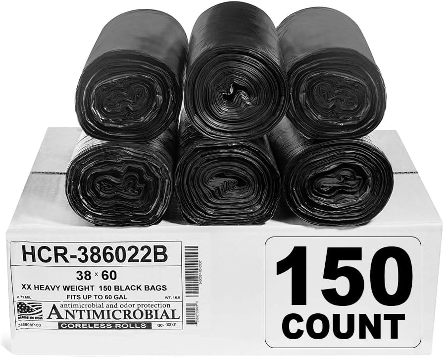 Aluf Plastics High Density Trash Bags, 60 Gallon, 150 Count, 22 Micron (eq), 38" x 60", Black, for Bathroom, Office, Industrial, Commercial, Janitorial, Municipal, Recycling