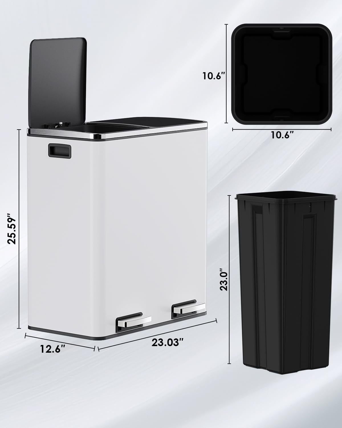 Arlopu 16 GallonStainless Steel Trash Can, 60L Dual Compartment, Metal Kitchen Step Recycle Bin, Metal Double Dustbin, in-Home Garbage Rubbish Can W/Removable Liner Buckets (White)