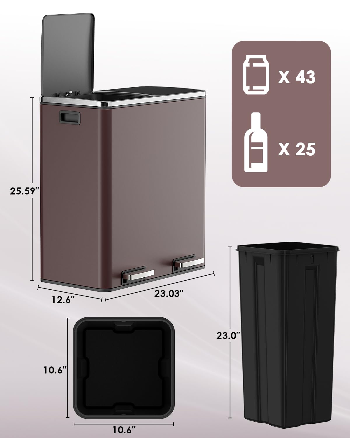 AthLike 60L(16 Gal) Dual Trash Can, Stainless Steel Kitchen Garbage Can, Double Compartment Classified Rubbish Bin, Recycle Dustbin w/Plastic Inner Buckets, Handle, Soft-Close Lid, Airtight, Brown