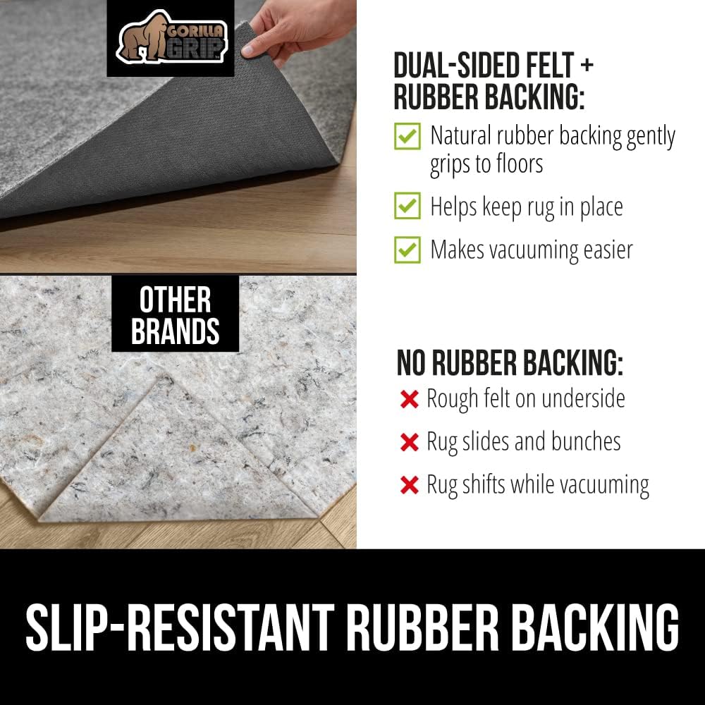 GORILLA GRIP Felt and Natural Rubber Stay in Place Slip Resistant Rug Pad, 1/4in Thick, 8x10 FT Protective Padding Under Area Rugs, Cushioned Gripper Pads, Carpet Runners, Hardwood Floors Protection