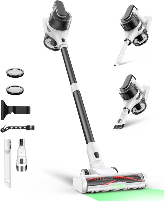 Cordless Stick Vacuum Cleaner for Home, Lightweight Rechargeable Vacuum with 55min Runtime, Powerful Suction, Green LED Headlight, 9-in-1 Pet Hair Carpet & Hardwood Floor Cleaner