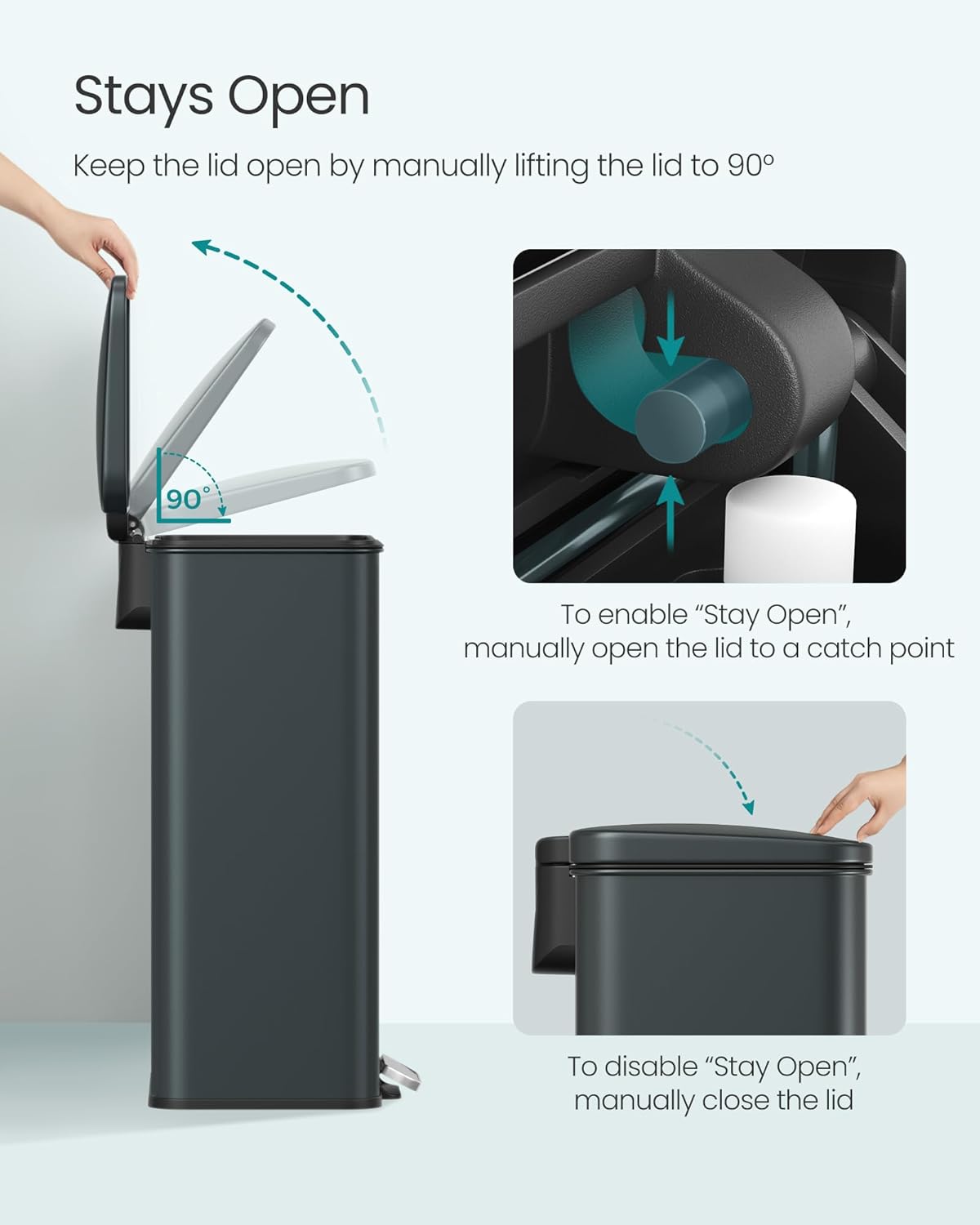 SONGMICS Kitchen Trash Can, 10.5 Gallon (40 L) Garbage Can, Large Step Trash Bin with Lid, Stainless Steel, Soft Close, 15 Trash Bags Included, Charcoal Gray ULTB540G01