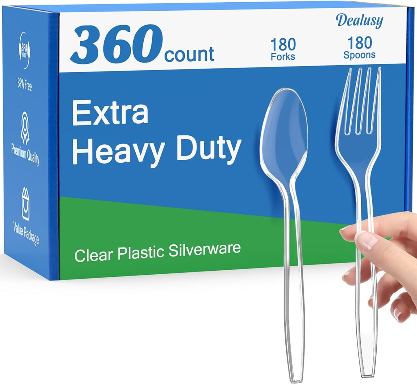 360 Count Extra Heavy Duty Clear Plastic Forks and Spoons, 180 Forks & 180 Spoons, Heat Resistant, Disposable Plastic Silverware Set