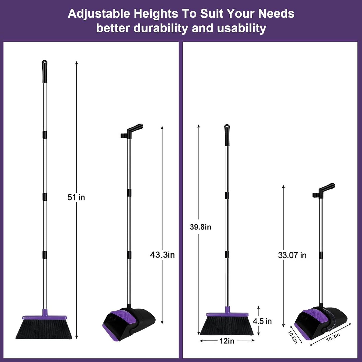 Broom with Dustpan Combo Set, 51" Household Dustpans and Broom, Standing Dust Pan Set for Home, Purple Cleaning Set for Kitchen Lobby Indoor Outdoor