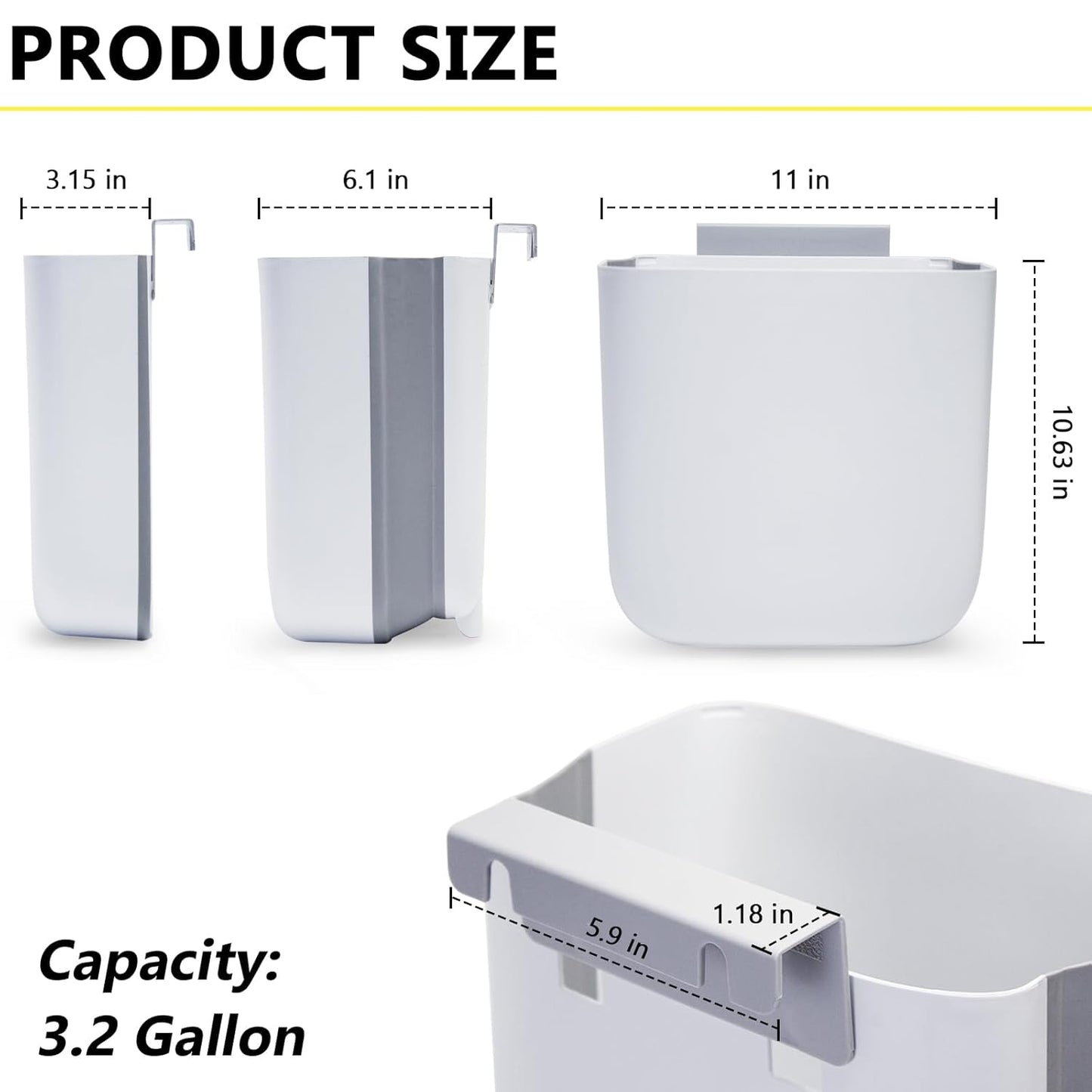 Soddeph 3.2 Gallon Foldable Hanging Trash Can with Lid for Cabinet Door,Kitchen Compost Bin,Wall-Mounted Plastic Garbage Can for Countertop or Under Sink, Bathroom and RV (White with lid)