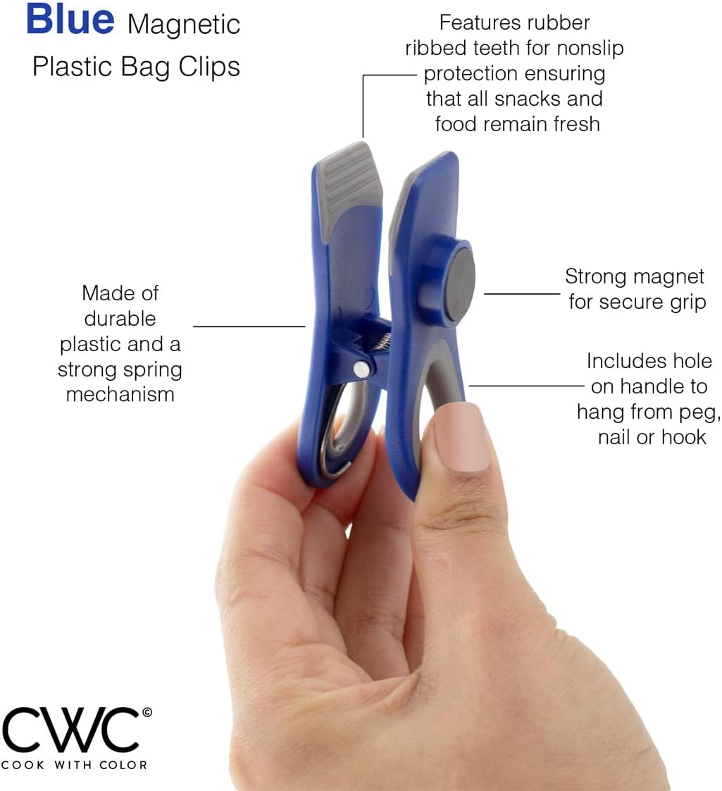 COOK WITH COLOR Bag Clips - Heavy Duty Chip Clip and Refrigerator Magnet Clips for Food Storage with Air Tight Seal Grip, Blue, Pack of 8